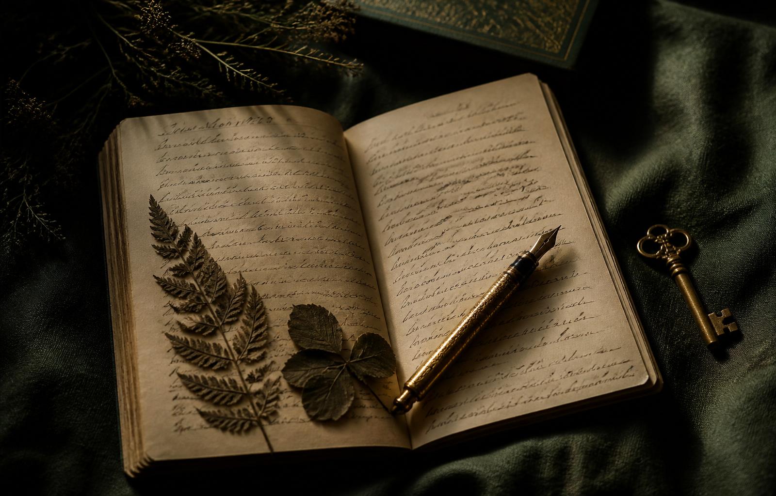Open manuscript met gouden vulpen, gedroogde varens en sleutel op groen linnen